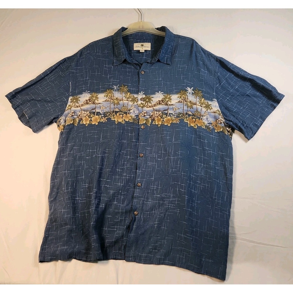 Island‎ Shores Mens 2XL Blue Hawaiian Button Up Shirt Palm Trees Martini